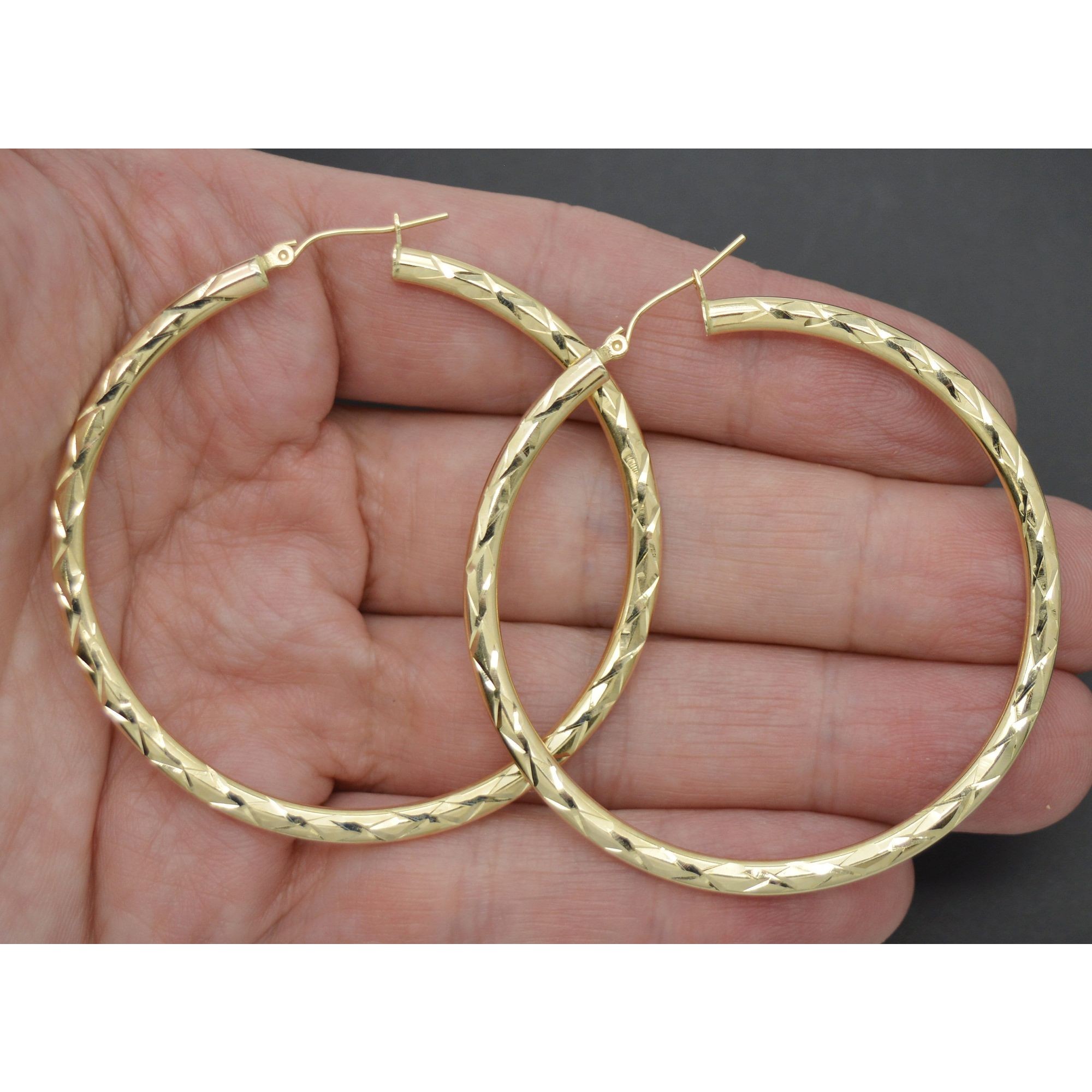 Real 10k Yellow Solid Gold Diamond Cut Shiny Big Large Hoop Earrings 55mm 3.6 Gr